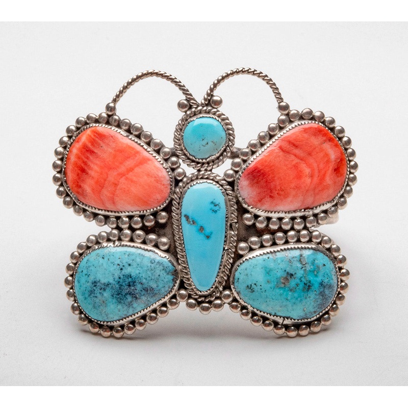 All Natural Sleeping Beauty Turquoise, Compitos Turquoise & Spiny Oyster Shell Butterfly Cuff Bracelet