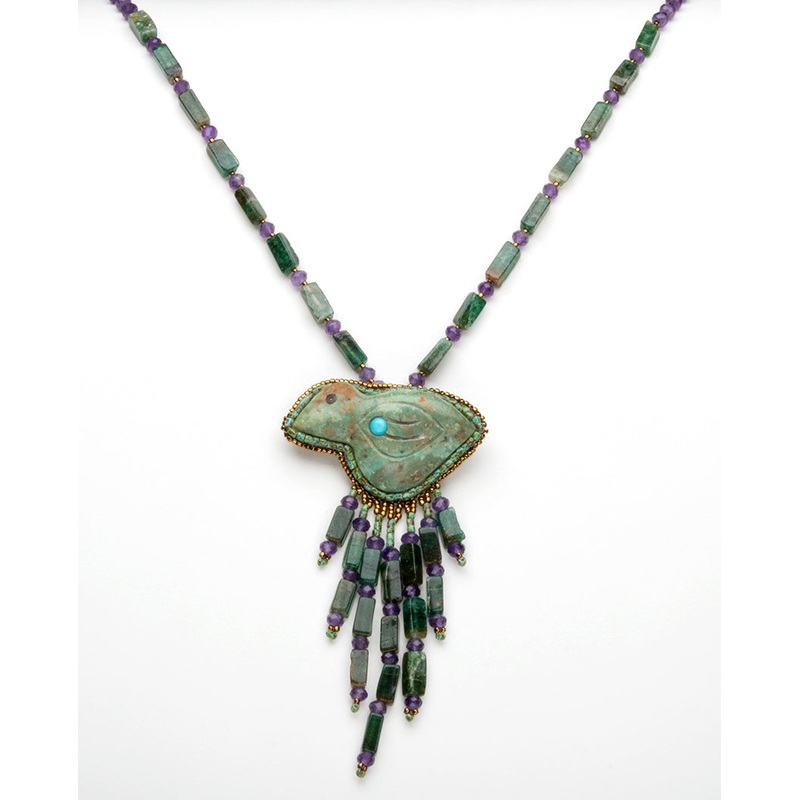 Carved Turquoise Bird With Aventurine & Amethyst Necklace