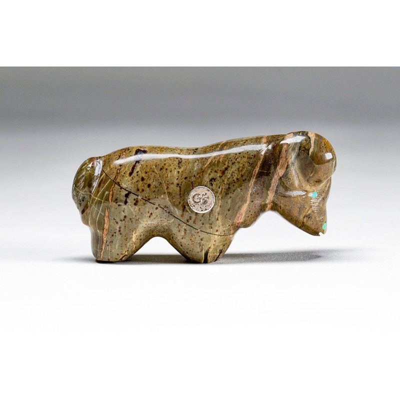 Highly Polished Watermelon Serpentine Ram By Pete and Dinah Gasper