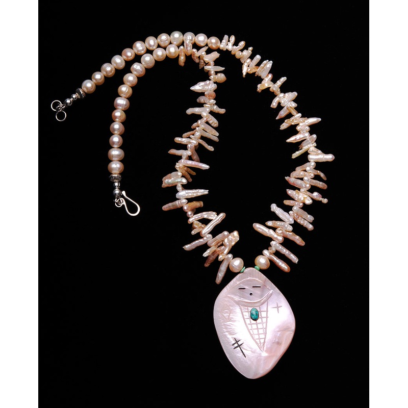 Reversible Corn Maiden Necklace Of Pink Mussel Shell & Fresh Water Pearls