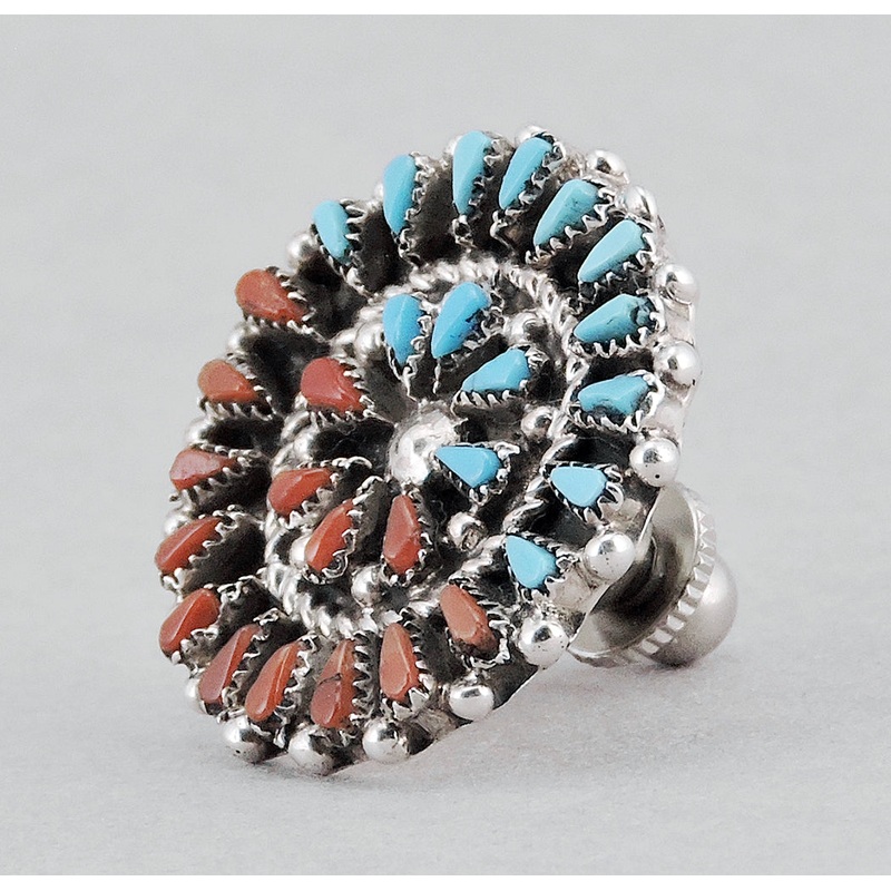 Splendid Turquoise and Red Coral Petit Point Tie Tack or Pin