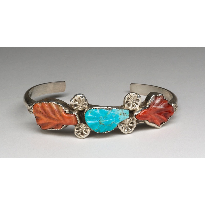 Carved Fox Turquoise & Spiny Oyster Shell Cuff Bracelet