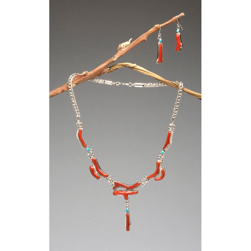 Natural Branch Red Coral & Sleeping Beauty Turquoise Necklace & Earrings Set