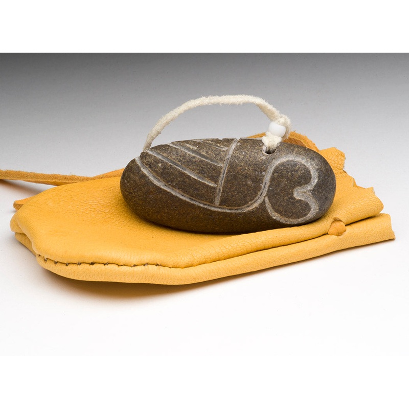 Small Owl Of Found Stone With Leather Pouch