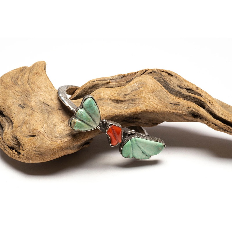 Carved Turquoise & Coral Cuff Bracelet