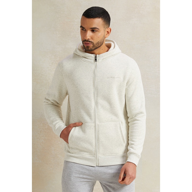 Men Beige Faux Fur Hooded Sweatshirt