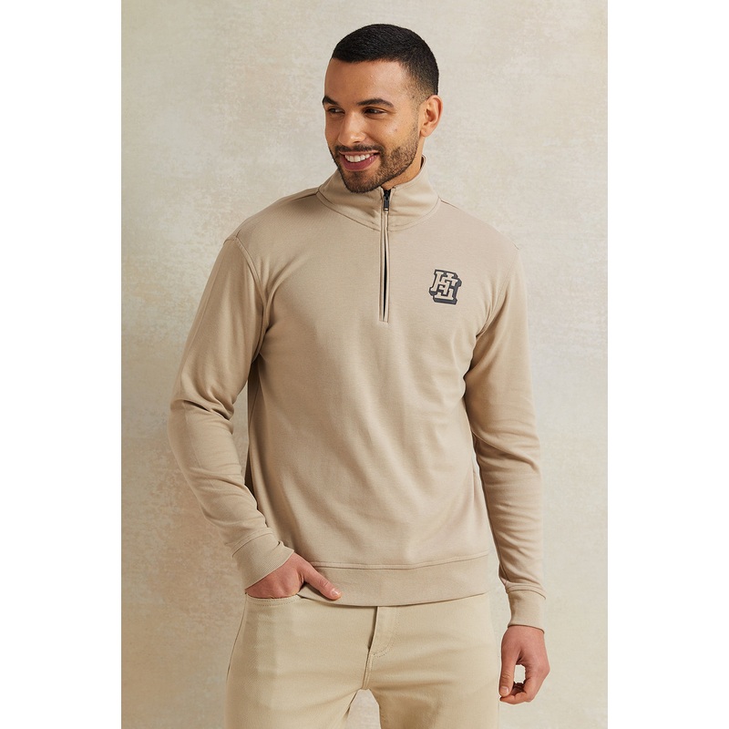 Men Beige Half Zipper Sweatshirt