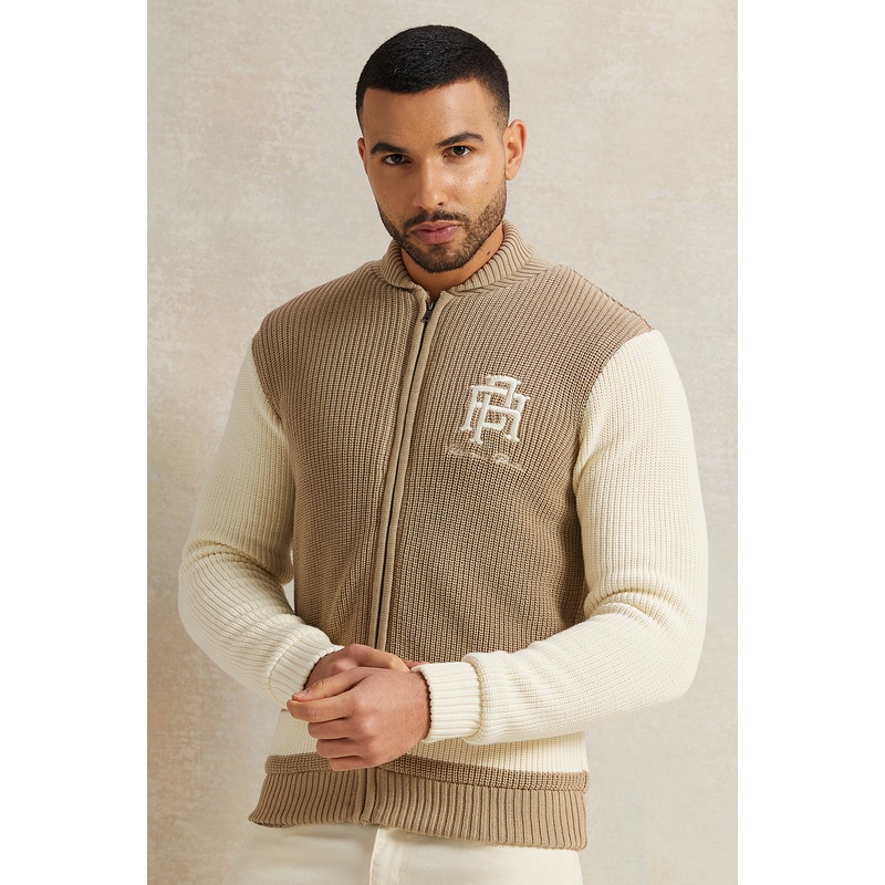 Men Beige Shawl Collar Cardigan With Faux Fur Lining