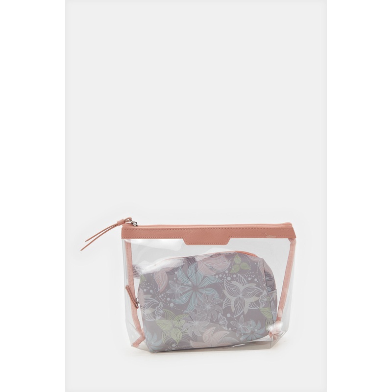Women Pink And Grey Printed Cosmetic Pouch Set (2 Piece)