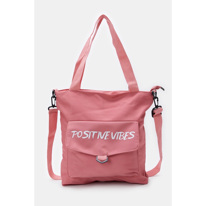 Women Pink Positive Vibes Printed Shopper Bag