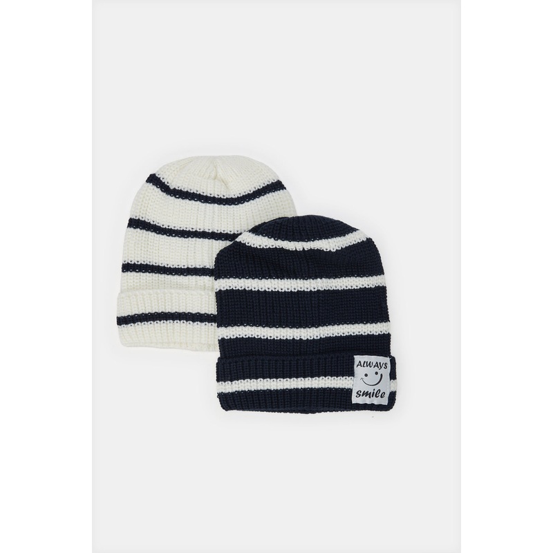 Boys Black And White Striped Knitted Cap Set (2 Piece)
