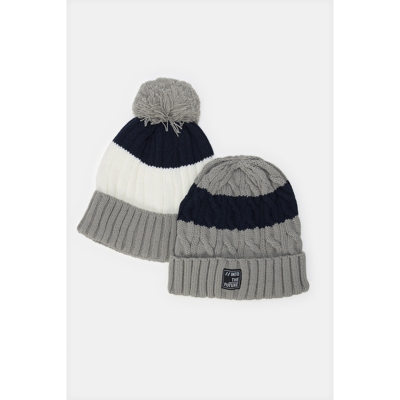 Boys Green And Black Printed Knitted Cap Set (2 Piece)