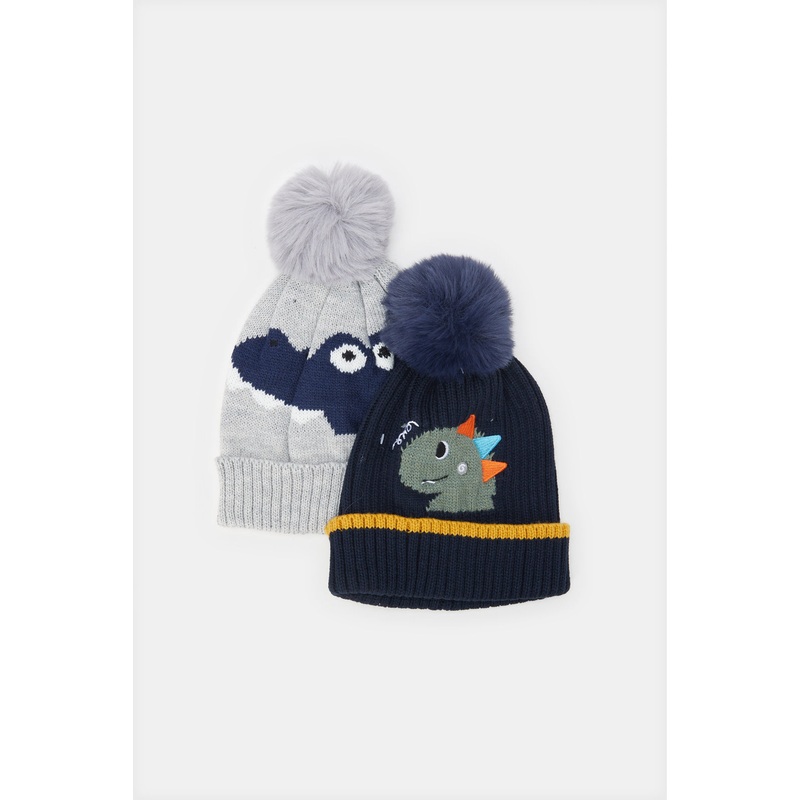Boys Grey And Navy Embellished Knitted Cap Set (2 Piece)