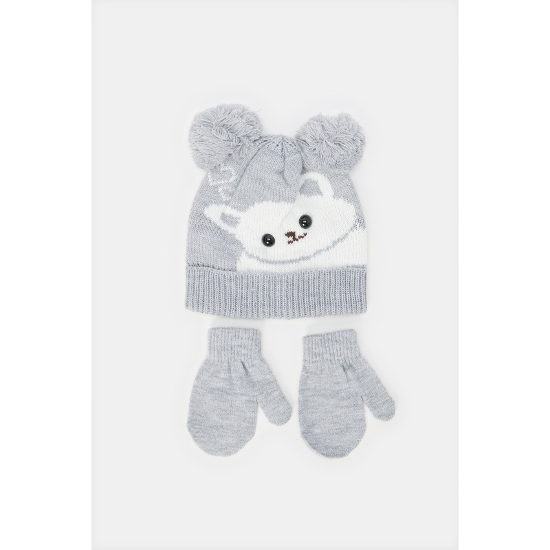 Boys Grey And White Embellished Knitted Cap With Glove Set (2 Piece)