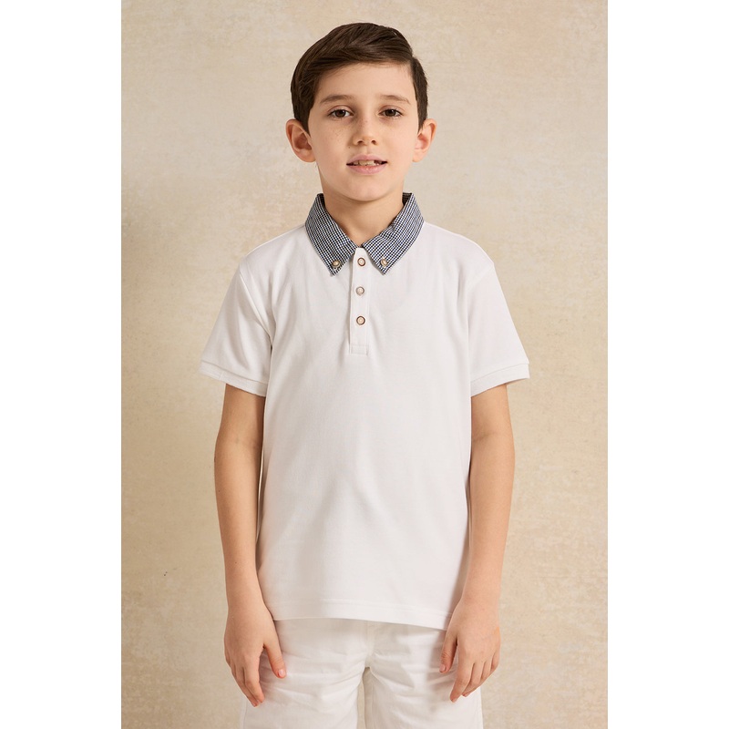 Boys White Polo Shirt With Check Collar