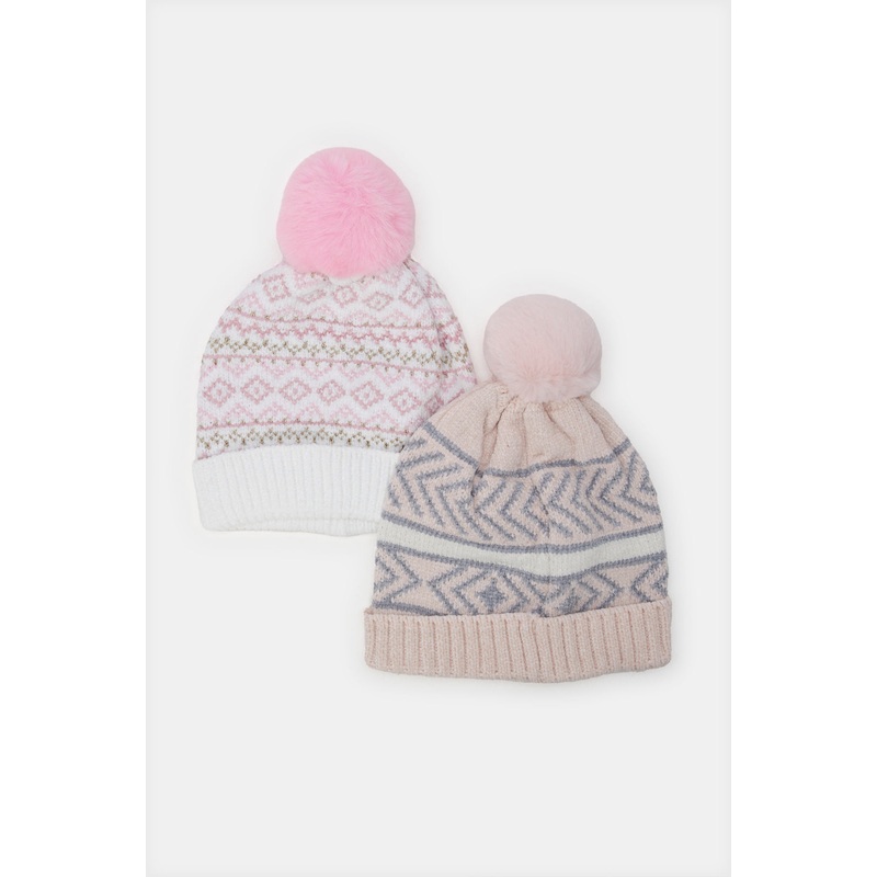 Girls Assorted Printed Knitted Cap Set (2 Piece)