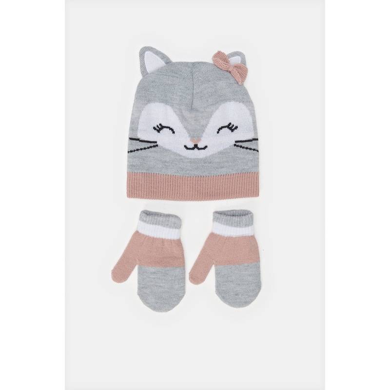 Girls Grey Embellished Cap With Gloves (3 Piece)