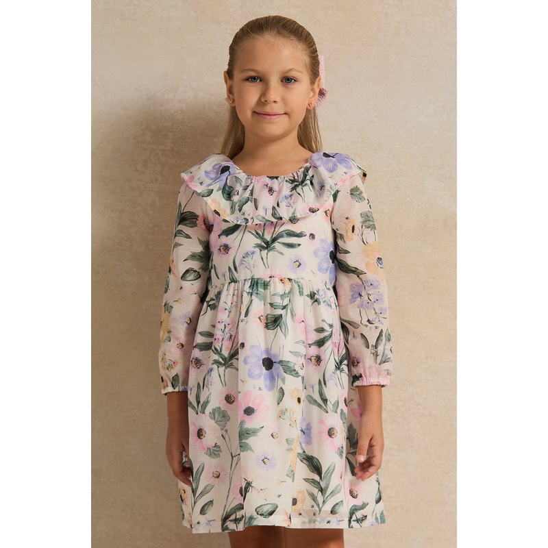 Girls Ivory Floral Print Long Sleeve Collared Dress