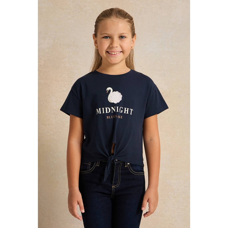 Girls Navy Crochet Swan Knotted T-Shirt