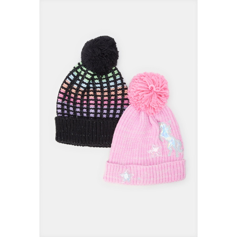 Girls Pink And Black Embellished Knitted Cap Set (2 Piece)