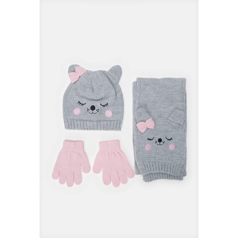 Girls Pink And Pink Embellished Cap With Gloves (3 Piece)