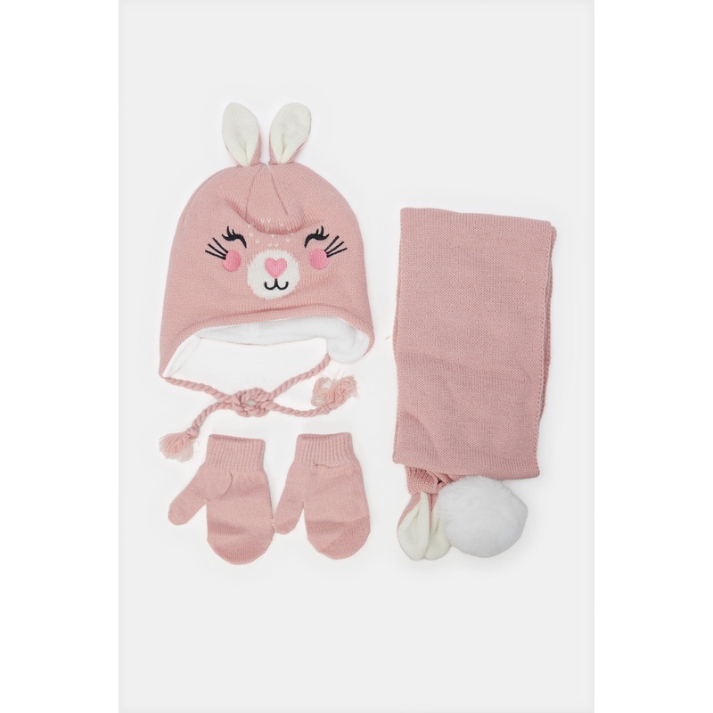 Girls Pink Embellished Knitted Cap Set (3 Piece)