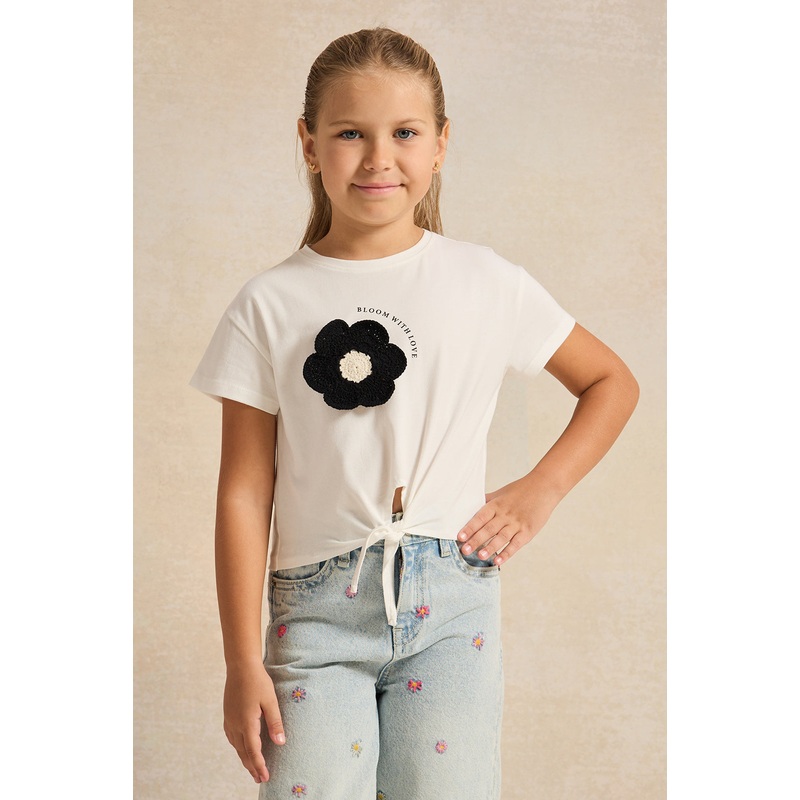 Girls White Crochet Flower Knotted T-Shirt