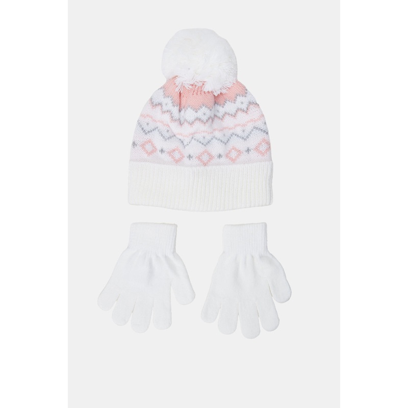 Girls White Embellished Cap With Gloves (3 Piece)