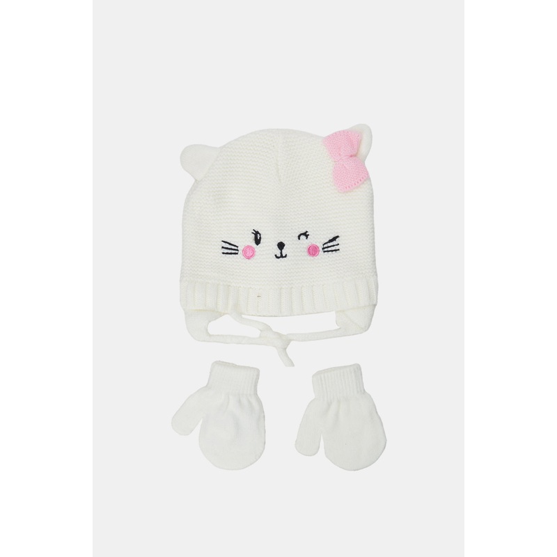 Girls White Embellished Knitted Cap With Gloves Set (2 Piece)