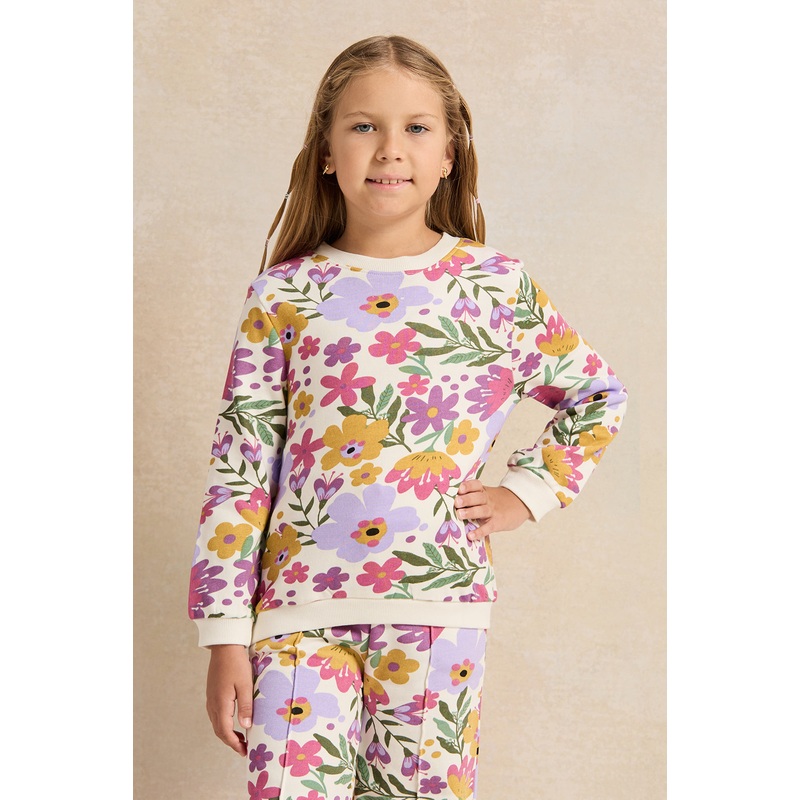 Girls White Floral Printed Sweatshirt