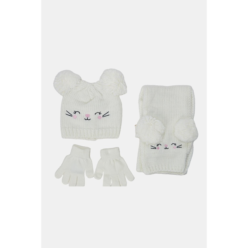 Girls White Knitted Scarf Set (3 Piece)