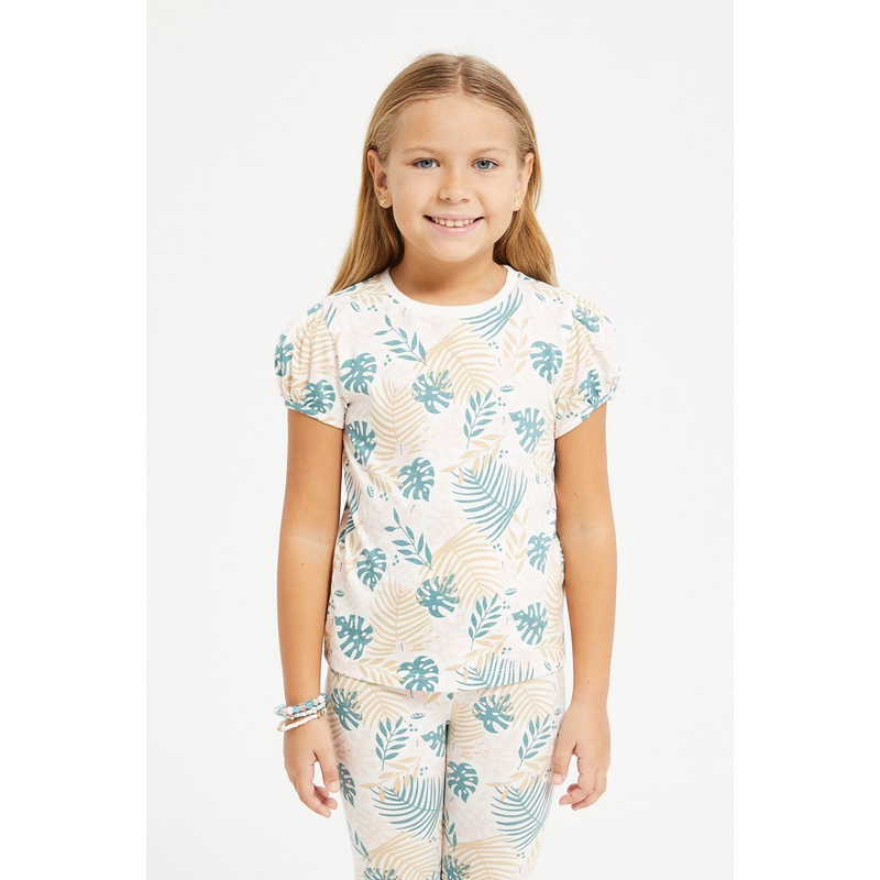Girls White Tropical Leaf Print T-Shirt
