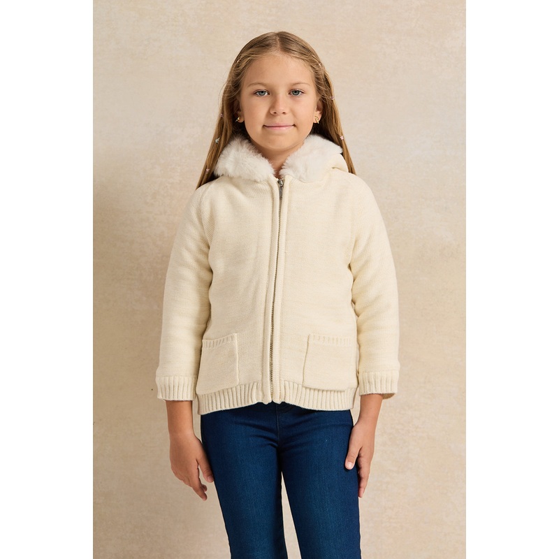 Girls White Zip Thru Cardigan With Sherpa Lining