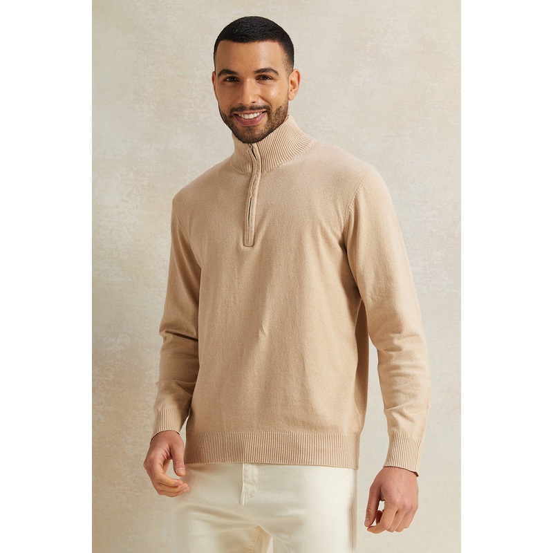 Men Beige Half Zip Pullover|Small|Medium|Large|X-Large|XX-Large