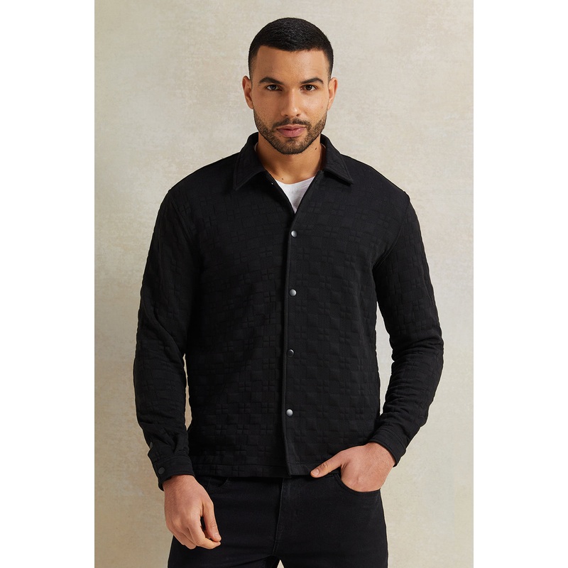Men Black Jacquard Collared Shirt