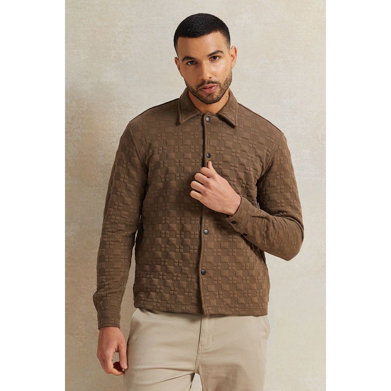 Men Brown Jacquard Collared Shirt