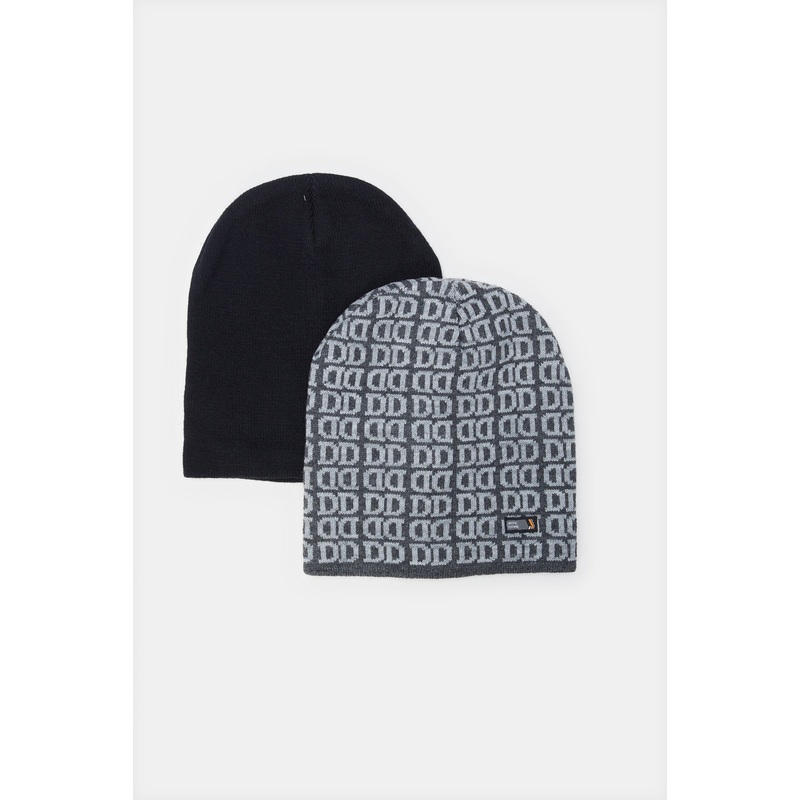 Men Grey And Black Printed Knitted Cap Set (2 Piece)