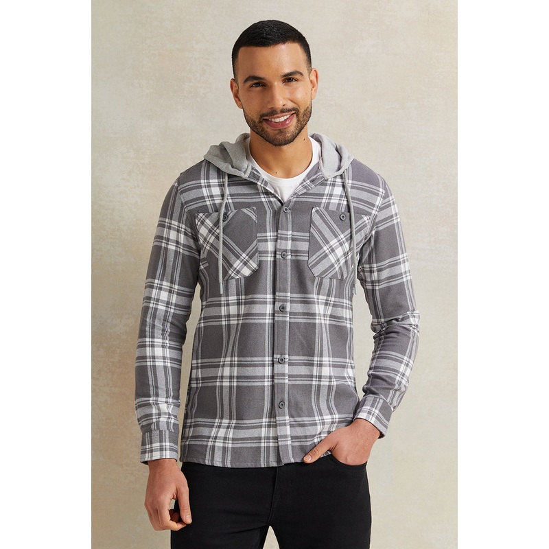 Men Grey Hooded Checkered Shirt