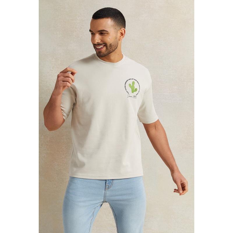 Men Grey Printed Interlock Oversized T-Shirt