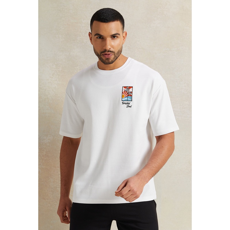 Men White Printed Interlock Oversized T-Shirt
