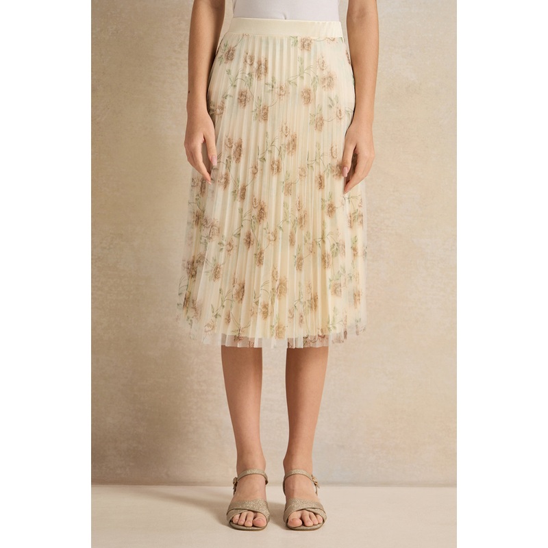 Senior Girls Cream Floral Mesh Pleated Skirt