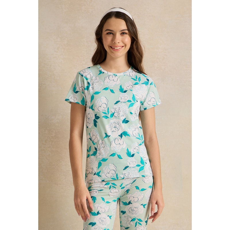 Senior Girls Green Floral Printed T-Shirt