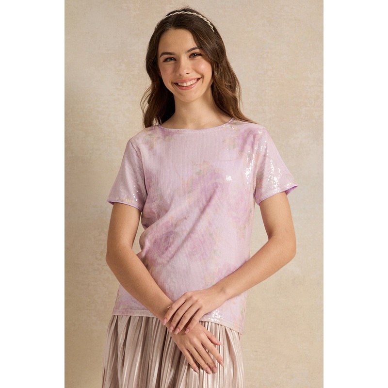 Senior Girls Purple Floral Sequins Top
