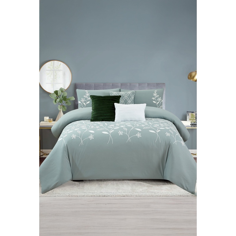 Teal Floral Embroidery Comforter 7 Piece Set (King Size)