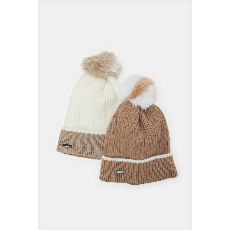 Women Beige And Brown Embellished Knitted Cap Set (Pack of 2)