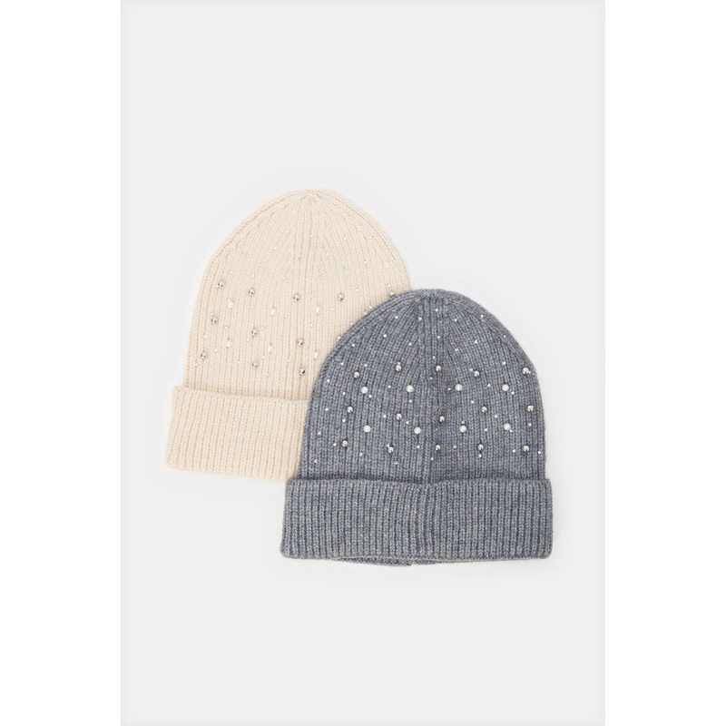 Women Beige And Grey Embellished Knitted Cap Set (Pack of 2)