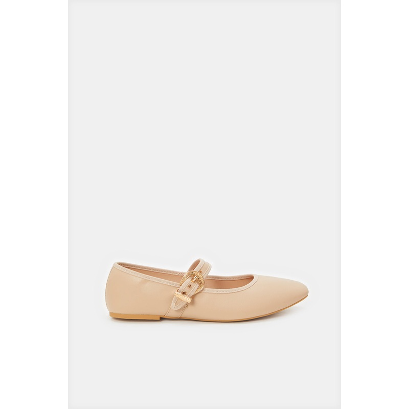 Women Beige Ballerina With Buckle Trim
