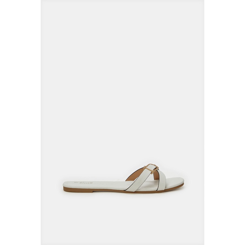 Women Beige Strappy Buckle Mule