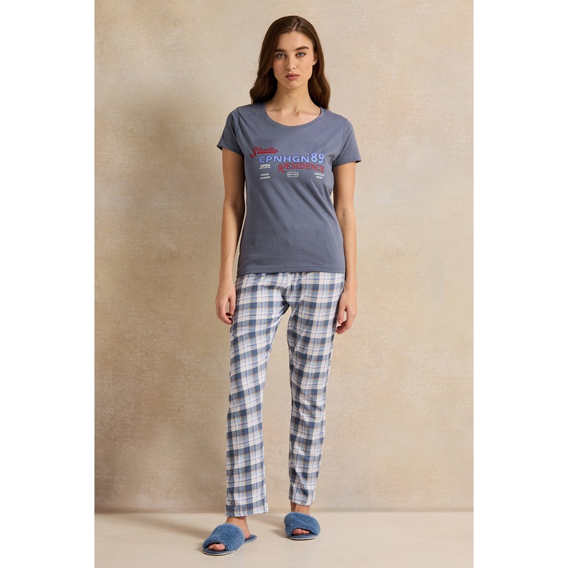 Women Blue Printed Pyjama Set (2 Piece)