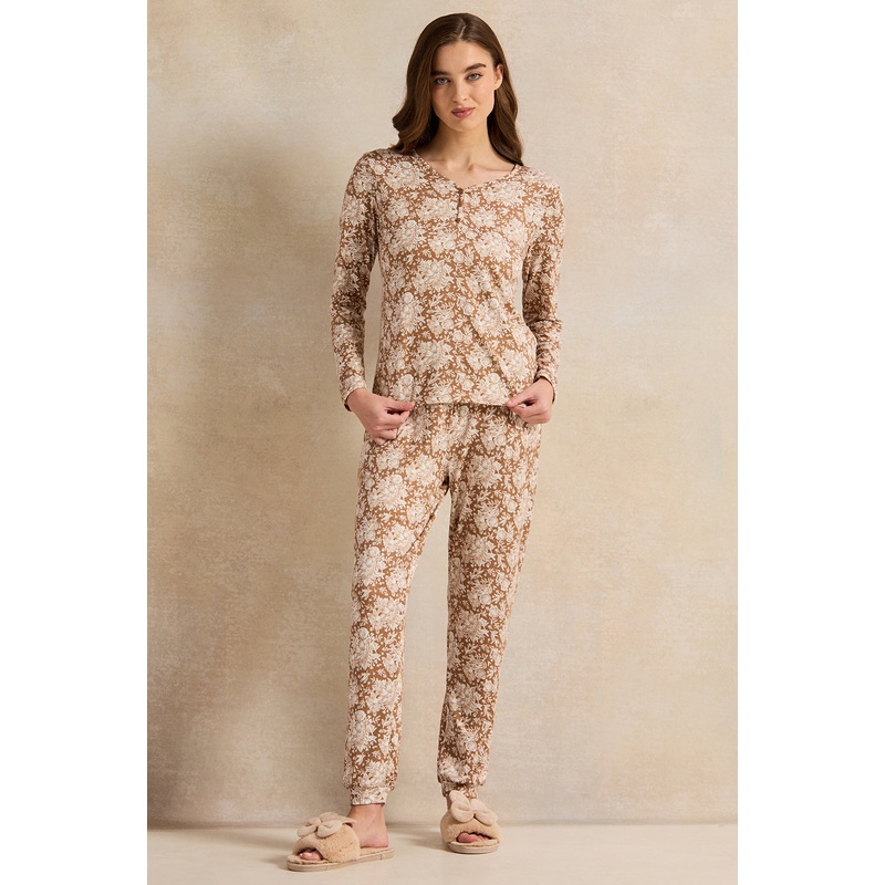Women Brown Printed Table Pyjama Set (2 Piece)